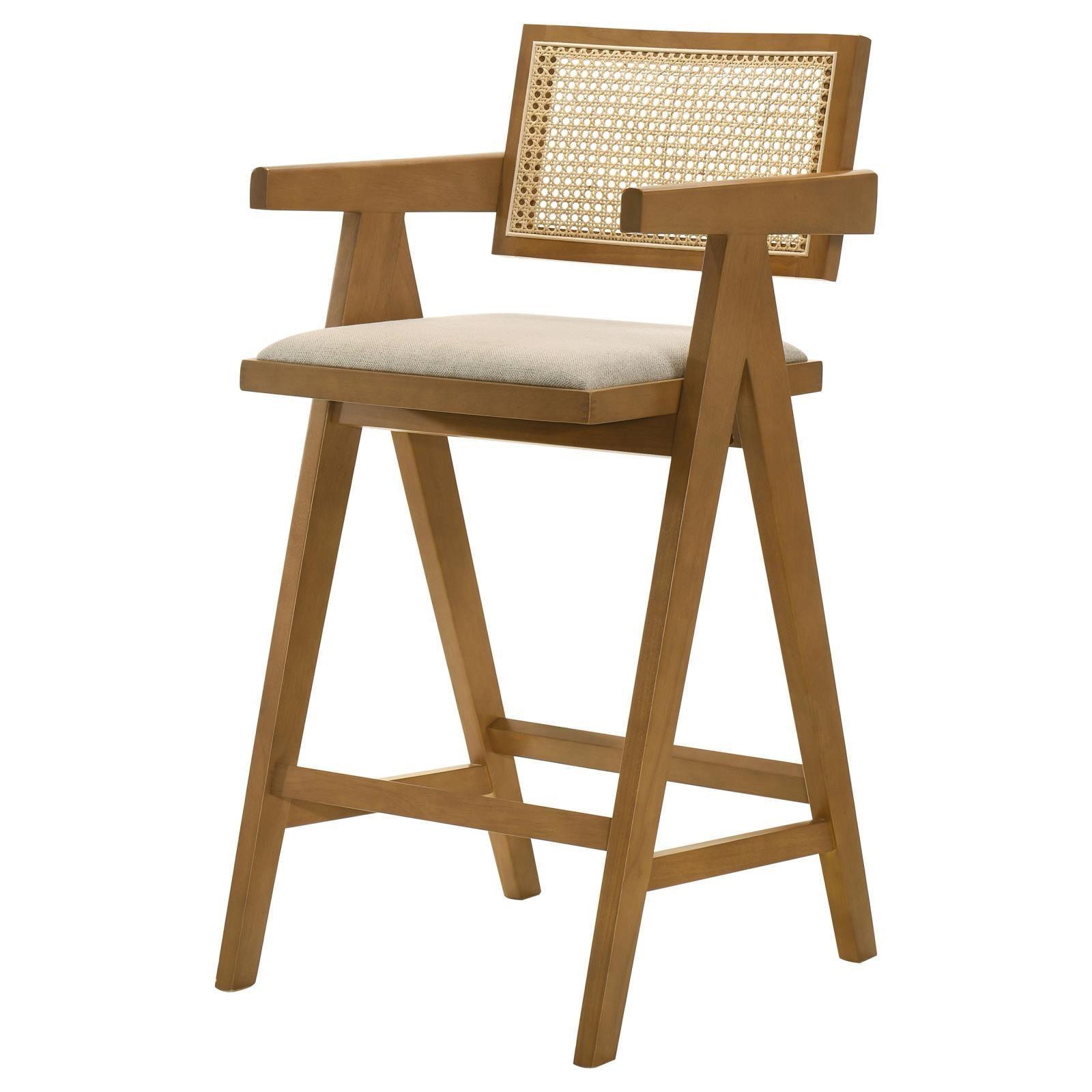 Detail of sand fabric upholstered seat on Kane light walnut bar stool