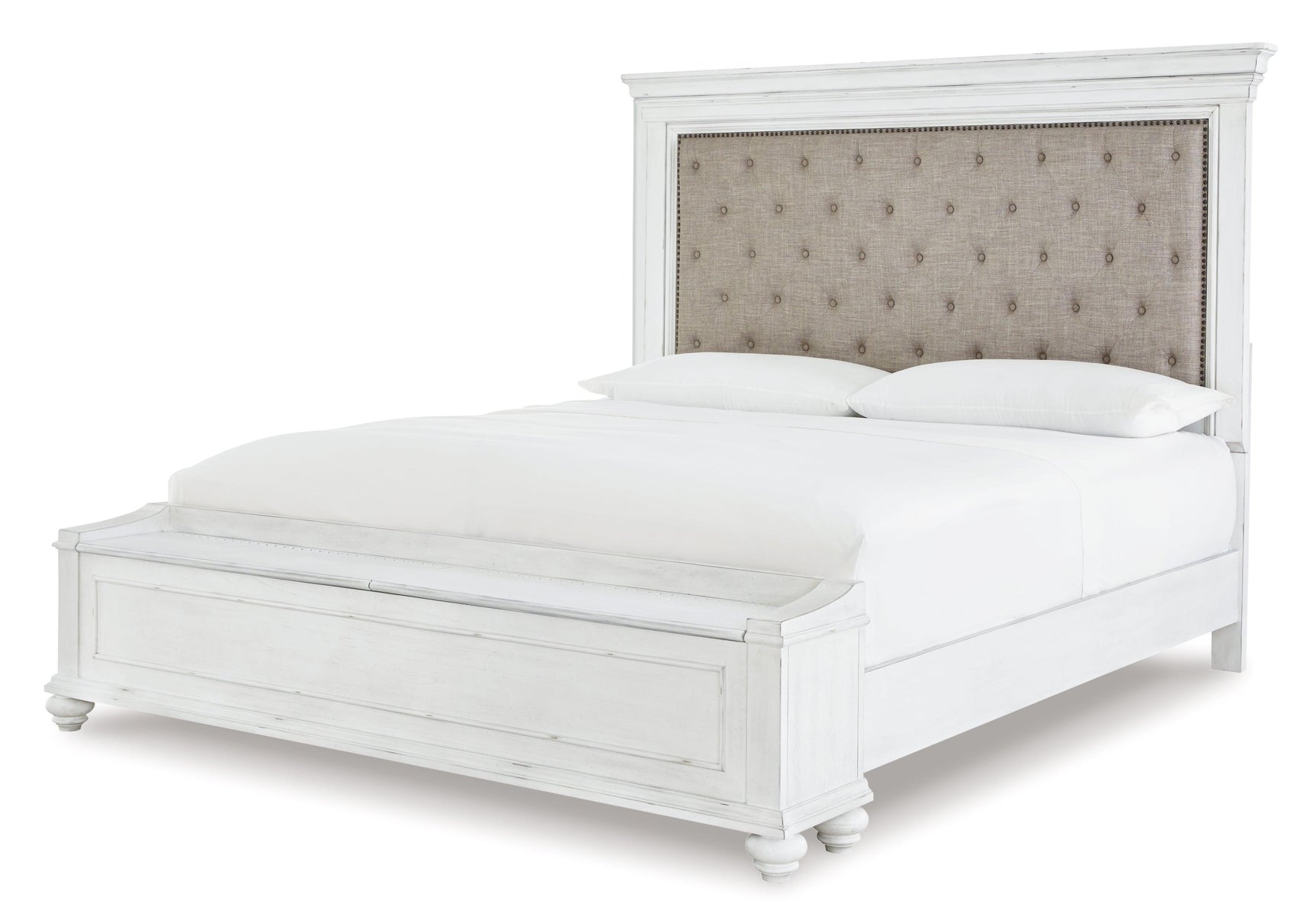 Bedroom view showing Kanwyn Whitewash Panel Storage Bedroom Set bed