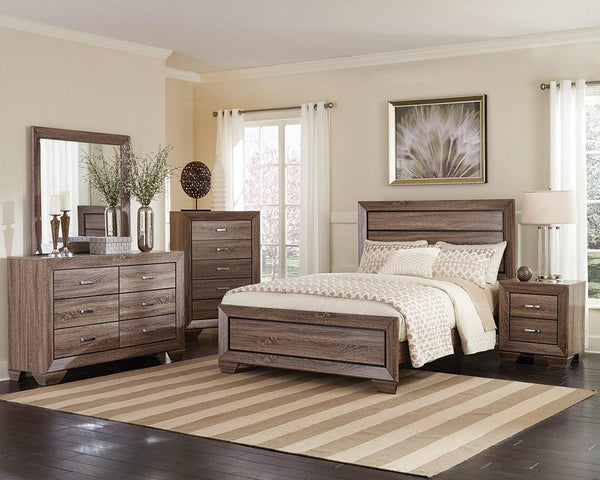 Front view of Kauffman Washed Taupe Panel Queen Bed