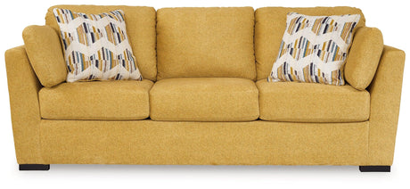 Close-up detail of sunflower chenille fabric on Keerwick Sofa