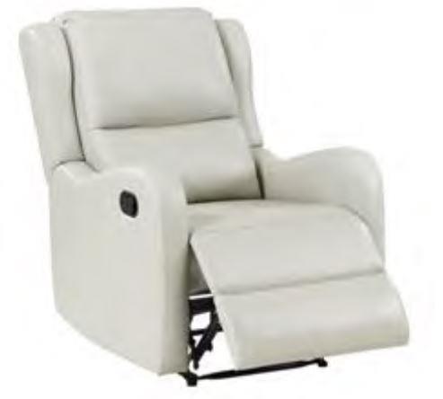 Kelsey upholstered ivory recliner chair with English arm, angled view
