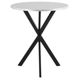 Kenzo round bar table showing textured silver metal top and black pedestal base front view