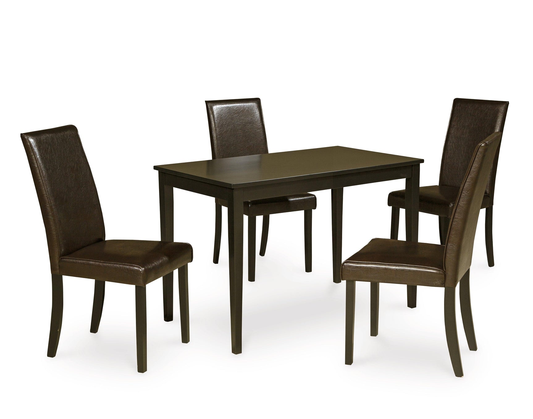 Close-up of cushioned dark brown faux leather chairs