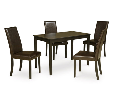 Close-up of cushioned dark brown faux leather chairs