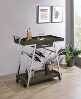 Kinney bar cart top shelf with serving items rustic grey and chrome