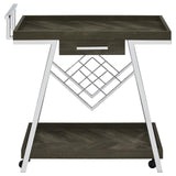 Close-up of Kinney bar cart drawer with pull handle and ball bearing glides