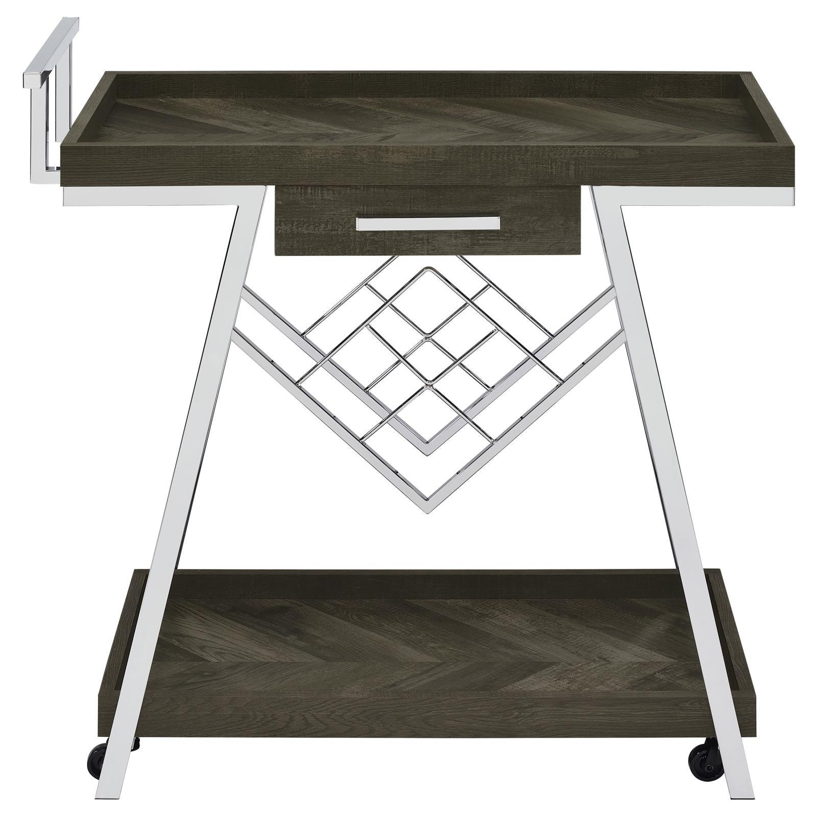 Close-up of Kinney bar cart drawer with pull handle and ball bearing glides