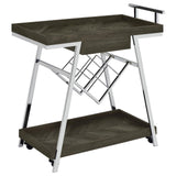 Metal frame and rectangular shelf detail on Kinney bar cart