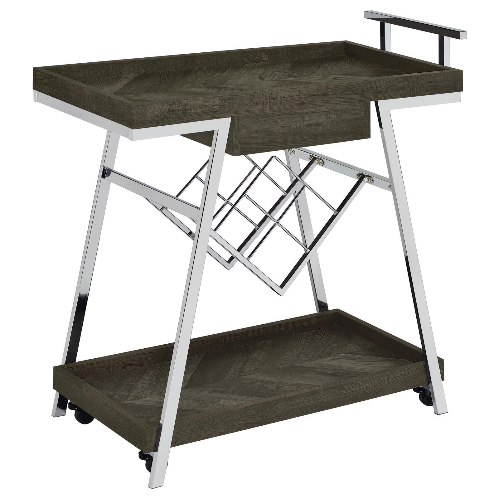 Metal frame and rectangular shelf detail on Kinney bar cart