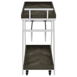 Kinney bar cart full view with angled chrome frame and rustic grey shelves