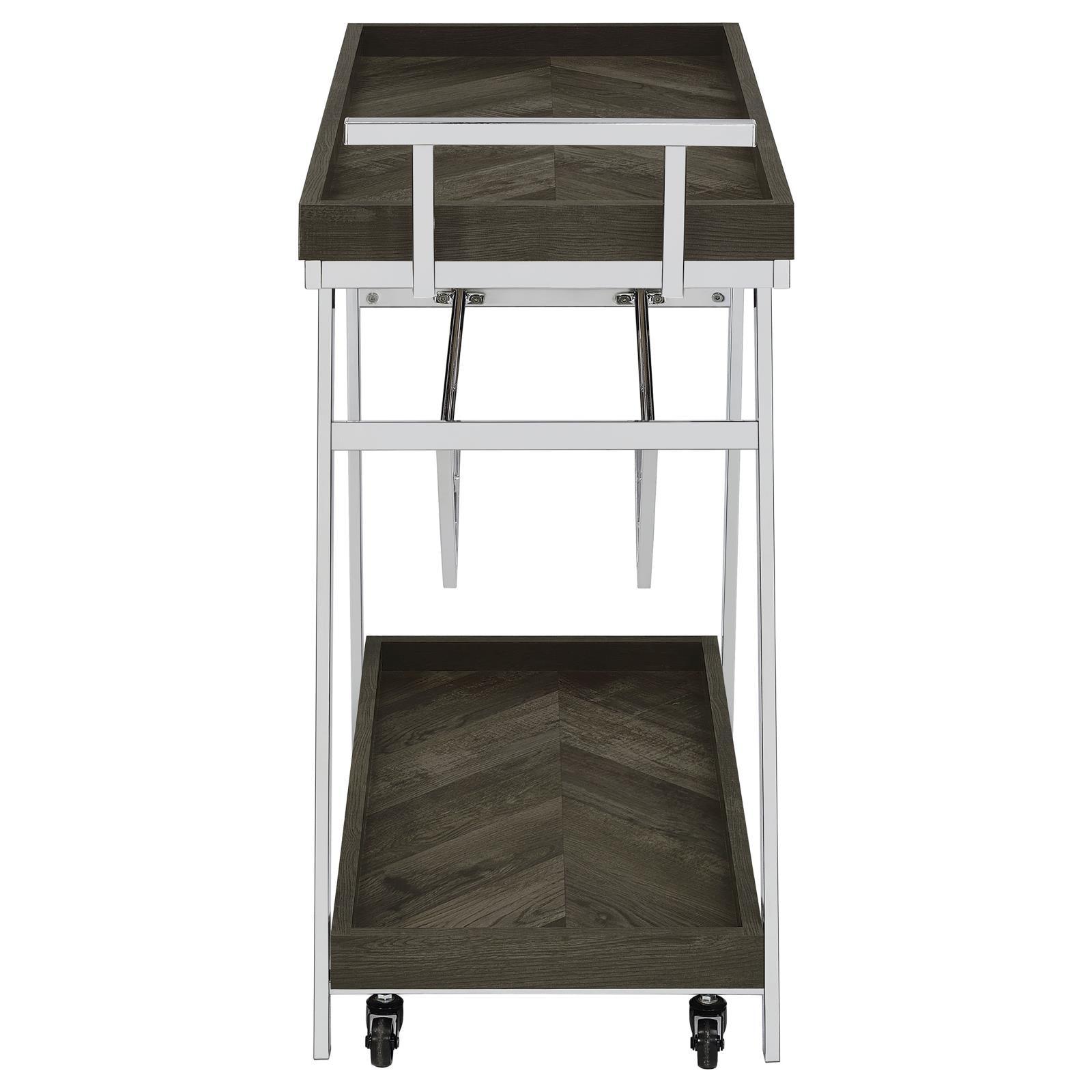 Kinney bar cart full view with angled chrome frame and rustic grey shelves