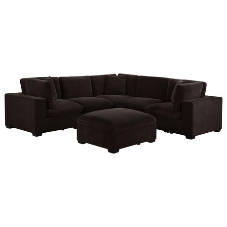 Side view of Lakeview 6-piece upholstered chocolate velvet modular sectional sofa