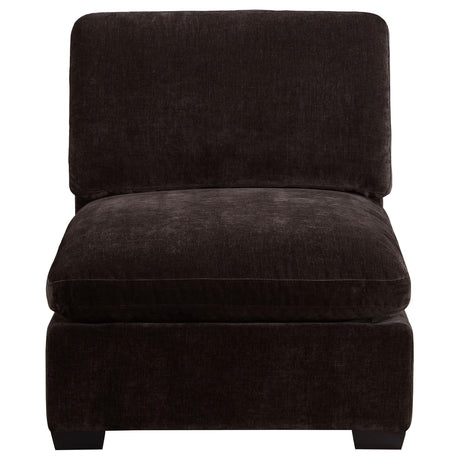 Side view of Lakeview Dark Chocolate Upholstered Armless Chair