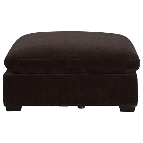 Lakeview Ottoman close-up of tapered wooden leg
