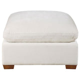 Close-up of Lakeview Ottoman fabric and wood base