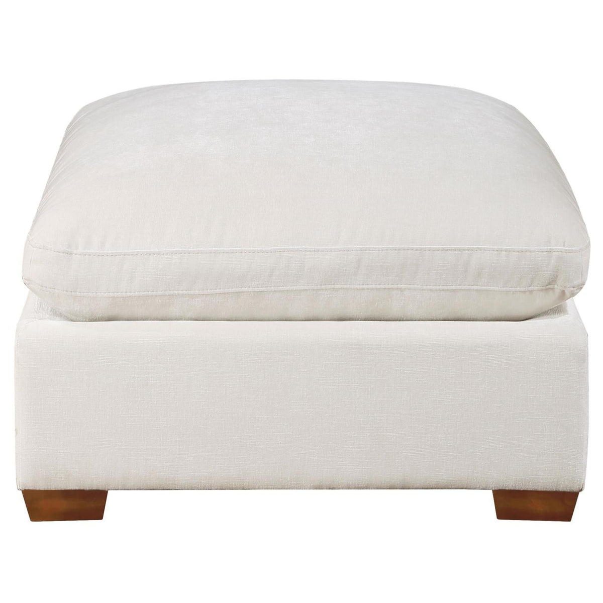 Close-up of Lakeview Ottoman fabric and wood base
