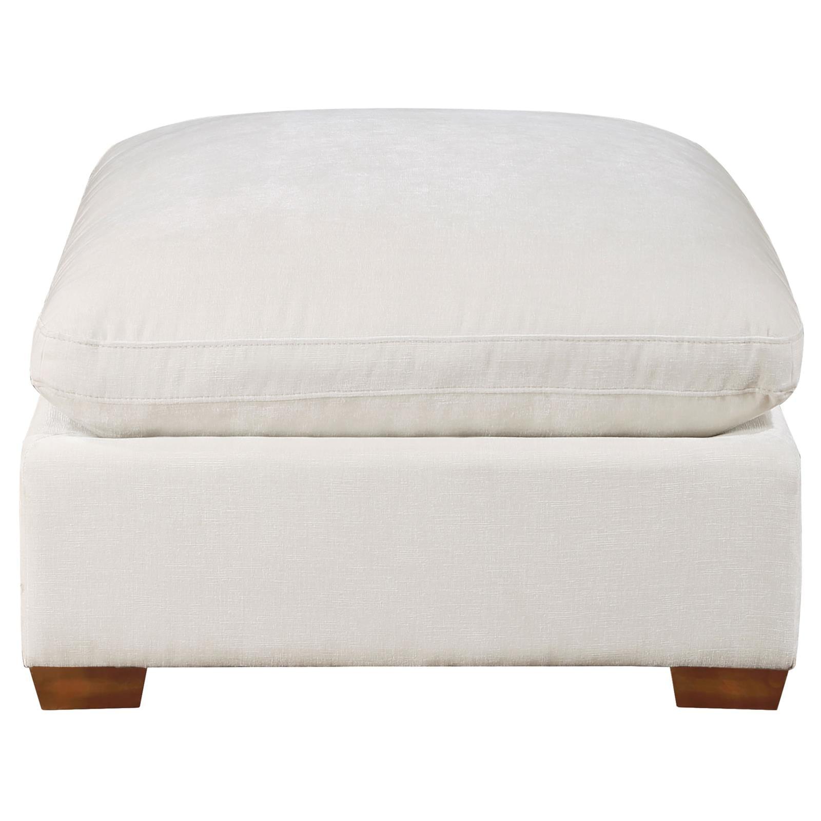Close-up of Lakeview Ottoman fabric and wood base