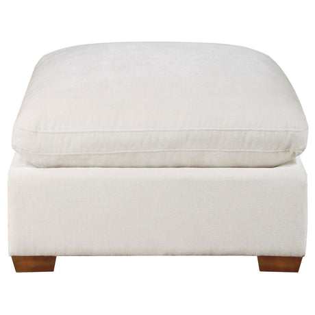 Close-up of Lakeview Ottoman fabric and wood base
