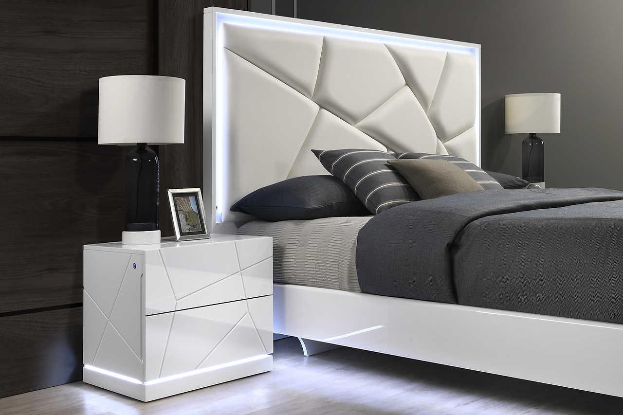 Close-up of white PU upholstered headboard with LED feature