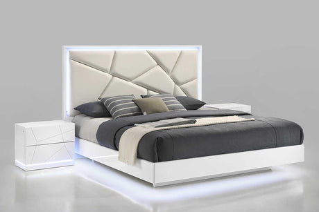 Front angle of Lana White LED Upholstered King Bed with lit headboard