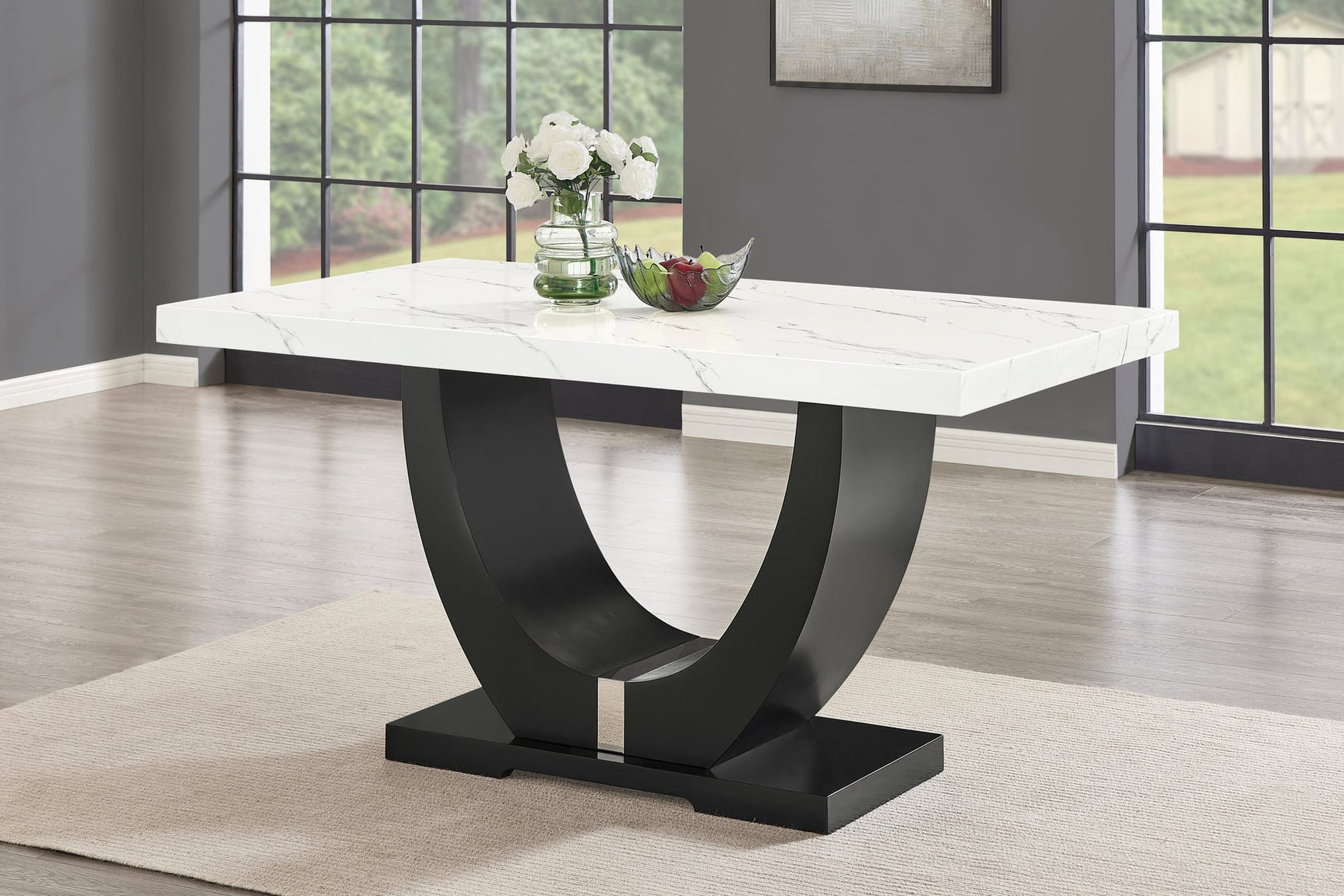 Larry 7-Piece Counter-Height Dining Set with White Marble-Look Table and Black Velvet Stools view 3