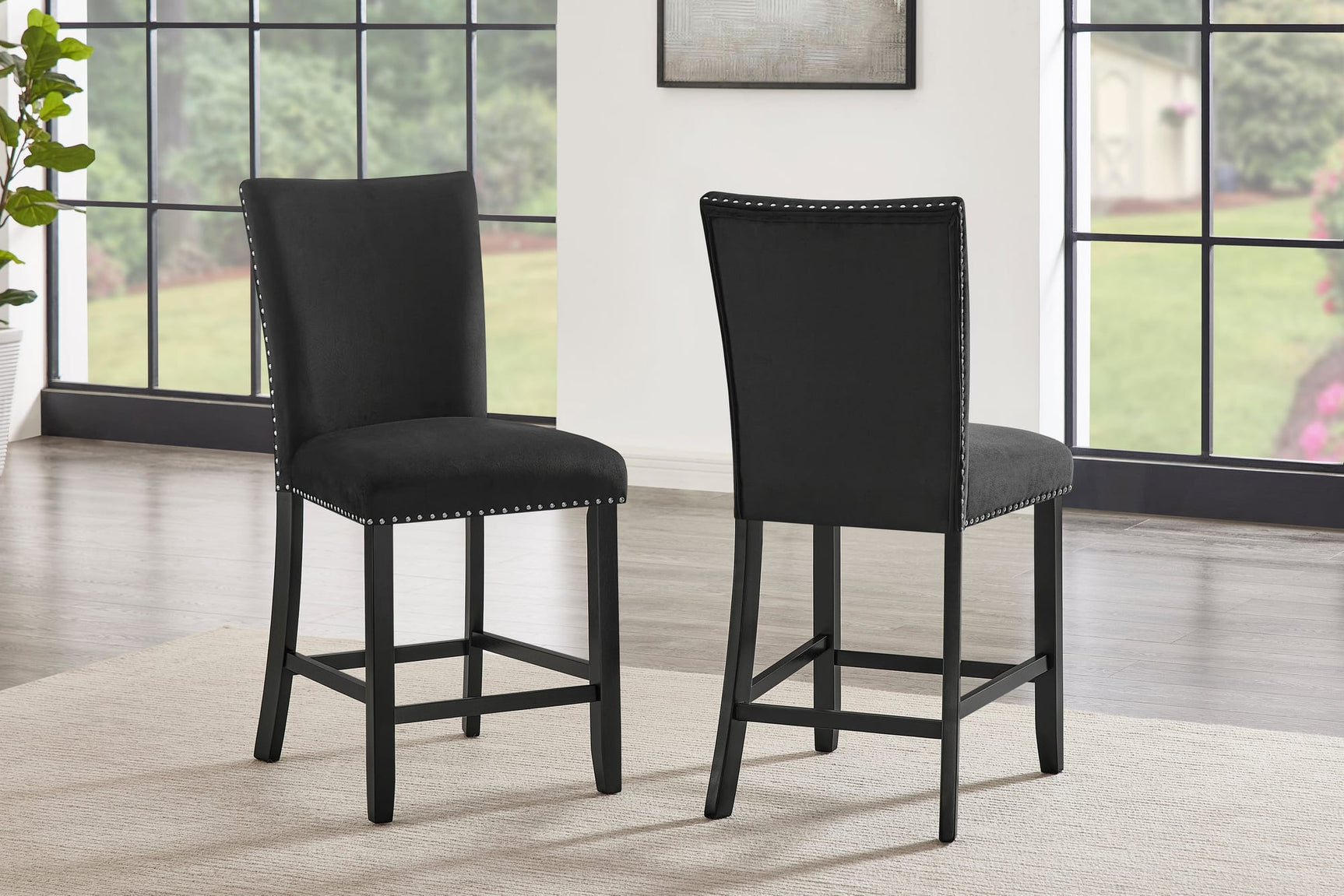 Larry 7-Piece Counter-Height Dining Set with White Marble-Look Table and Black Velvet Stools view 4