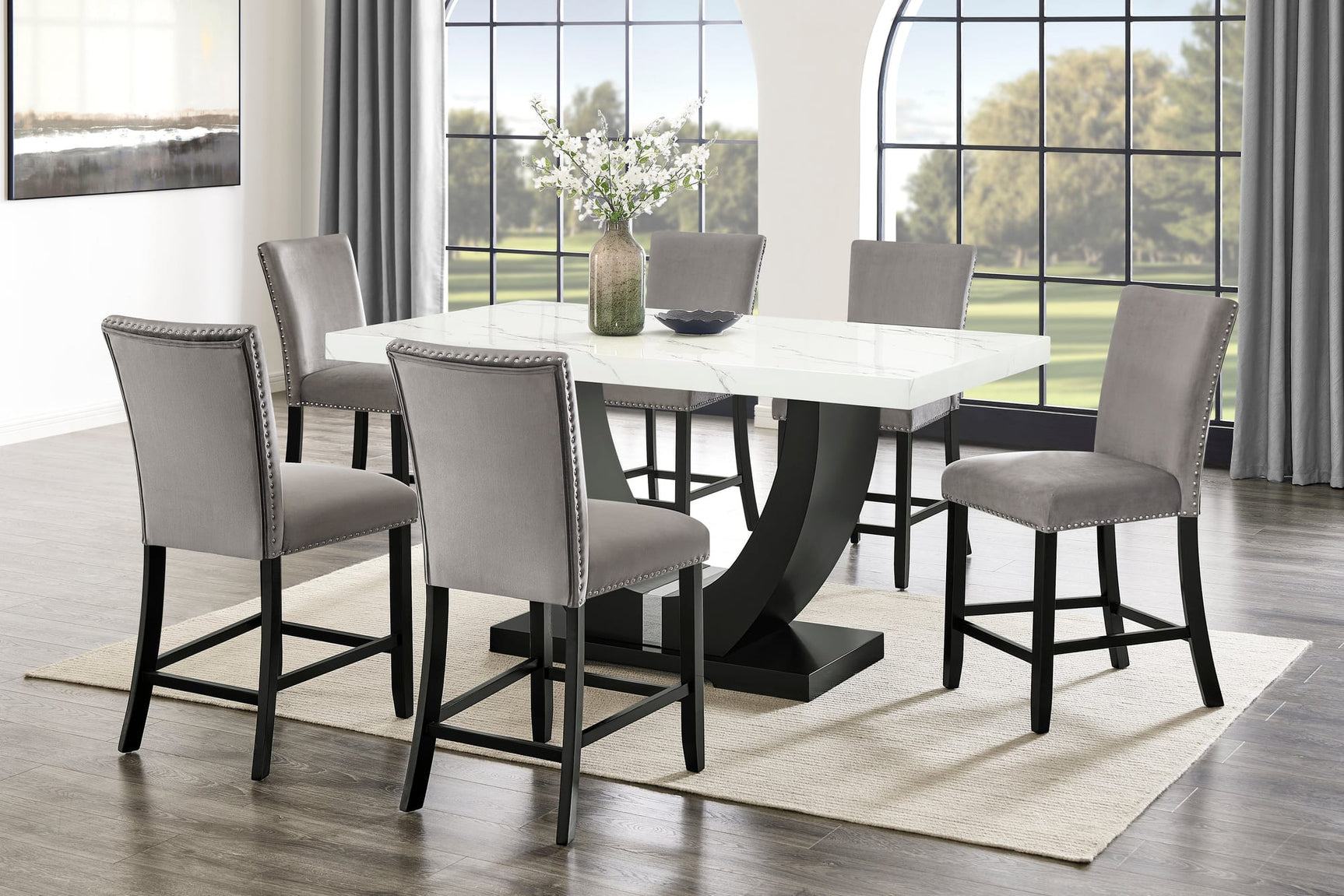 Larry 7-Piece Counter-Height Dining Set with White Marble-Look Table and Grey Velvet Stools from Decor Furniture