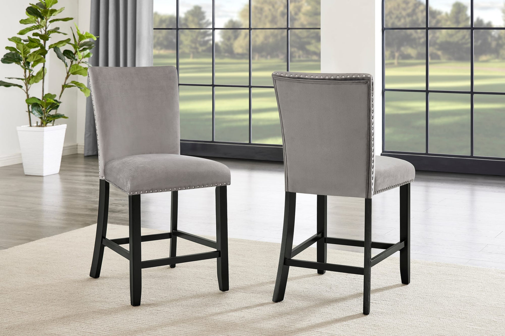 Larry 7-Piece Counter-Height Dining Set with White Marble-Look Table and Grey Velvet Stools view 4