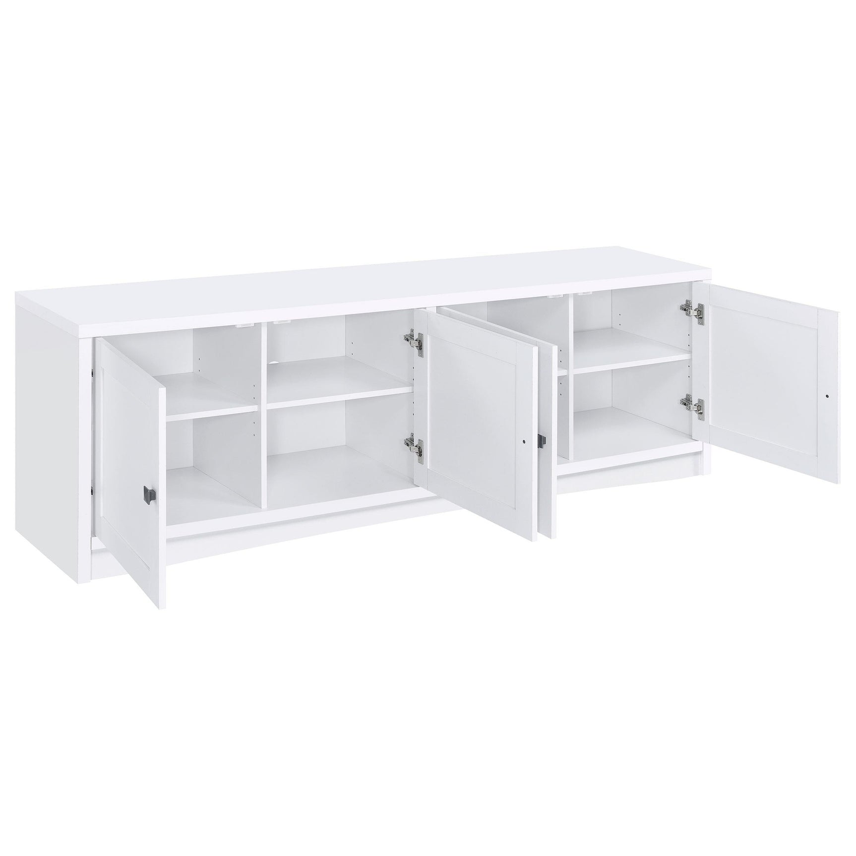 Open storage compartments of Laughlin Entertainment Center