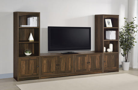 Close-up of Laughlin media tower door and shelves in dark pine