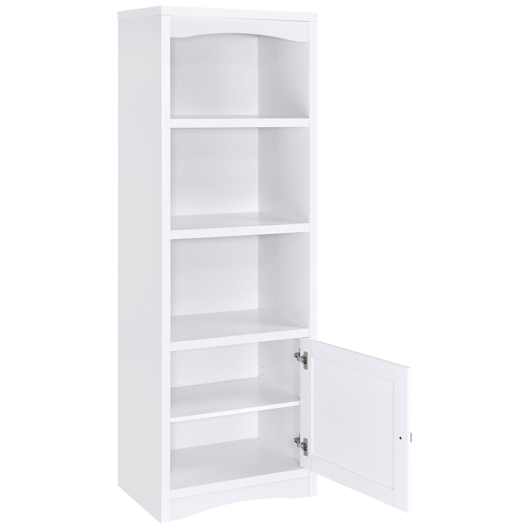 White Laughlin Media Tower open door showing adjustable shelf
