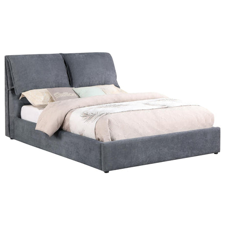 Close-up of fabric upholstery and pillow headboard ties on Laurel Queen Platform Bed