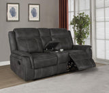 Center console with lift-top storage in Lawrence reclining sofa