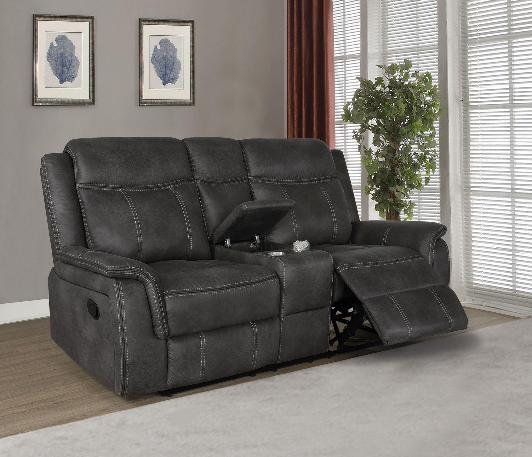 Center console with lift-top storage in Lawrence reclining sofa