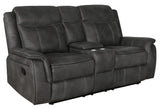 Side profile of Lawrence reclining loveseat in charcoal microfiber