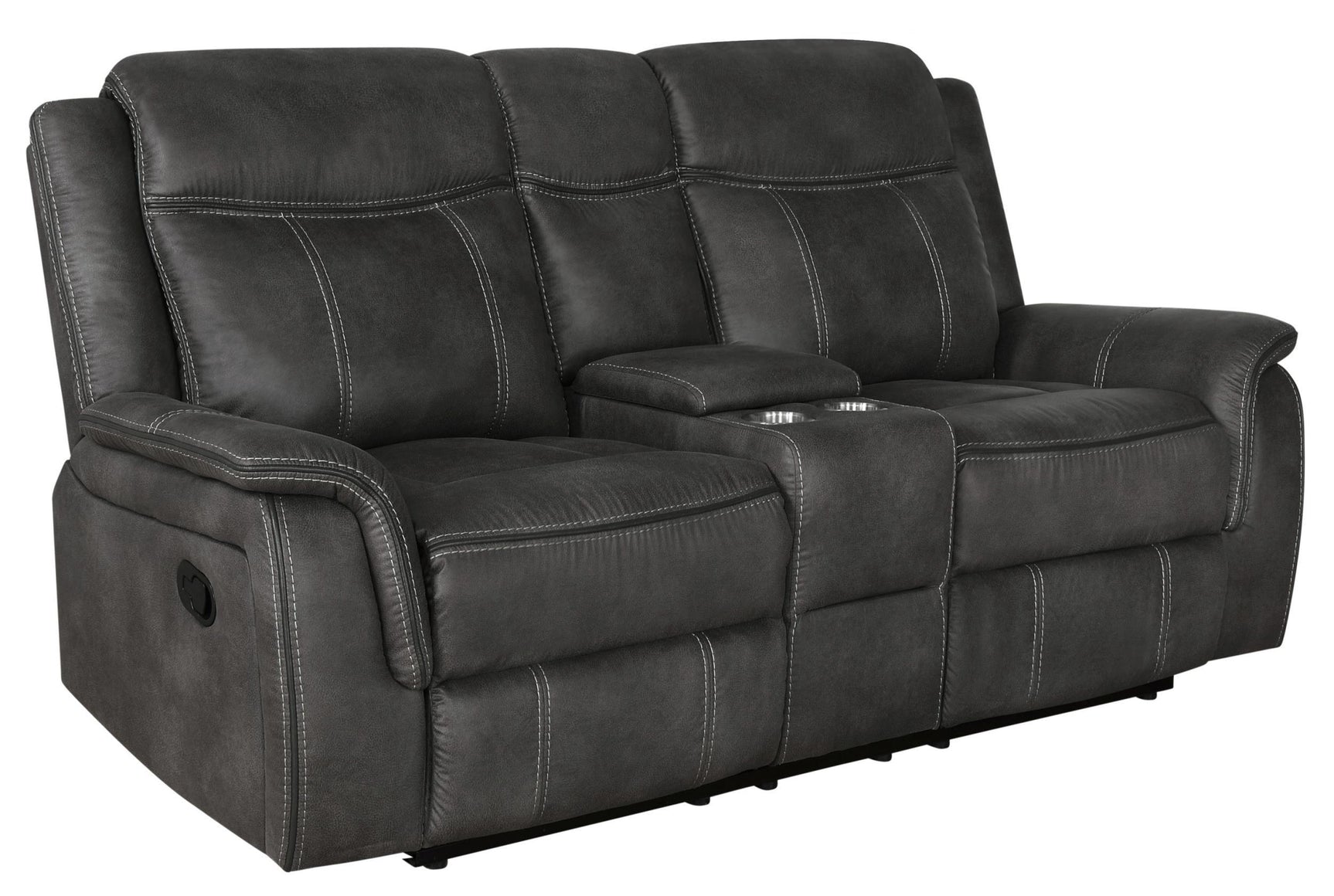 Side profile of Lawrence reclining loveseat in charcoal microfiber