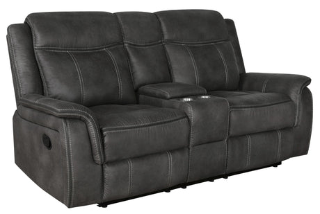 Side profile of Lawrence reclining loveseat in charcoal microfiber