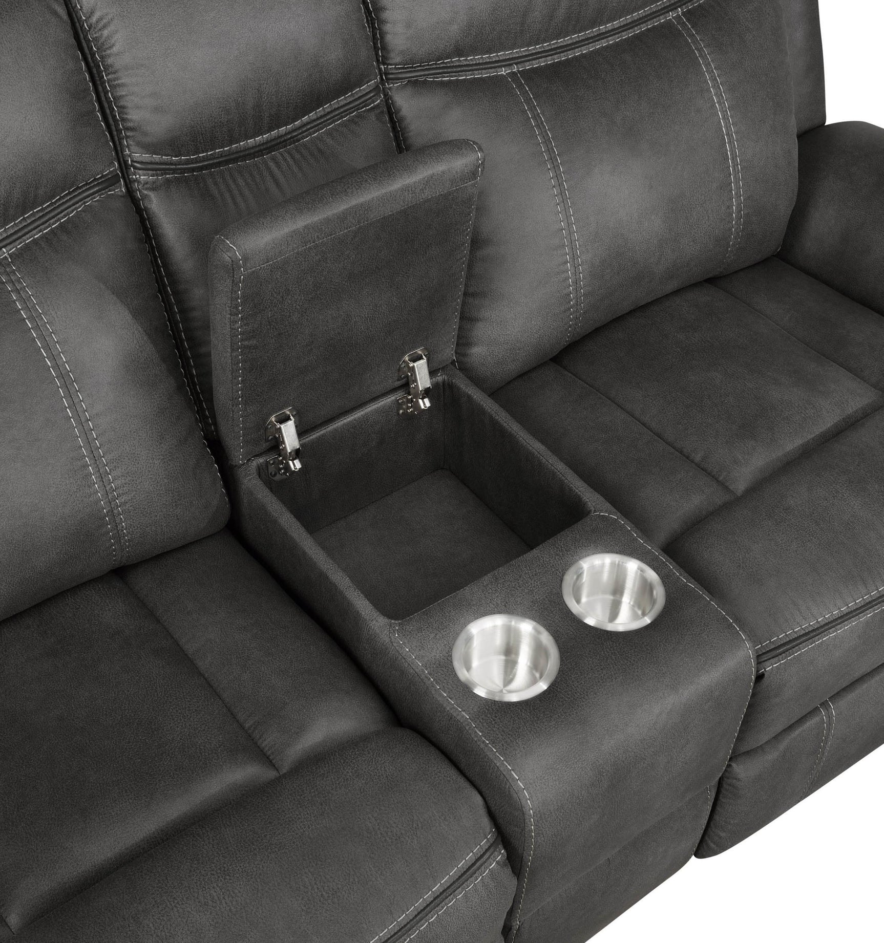Full set showing sofa, loveseat, and recliner in charcoal