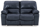 Side angle of Leesworth Ocean Leather Power Reclining Loveseat showing reclining function