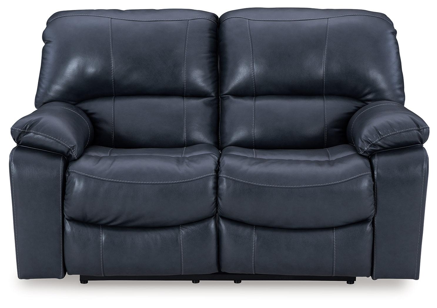Side angle of Leesworth Ocean Leather Power Reclining Loveseat showing reclining function