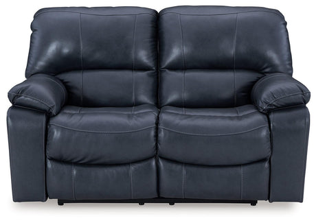 Side angle of Leesworth Ocean Leather Power Reclining Loveseat showing reclining function