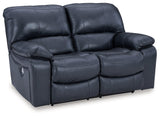 Close-up of leather match upholstery on Leesworth Ocean Reclining Loveseat