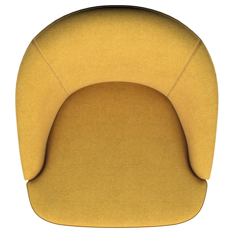 Leon Upholstered Barrel Accent Swivel Chair mustard yellow base and glide detail