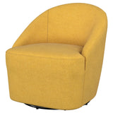 Leon Upholstered Barrel Accent Swivel Chair mustard yellow metal swivel base detail