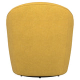 Leon Upholstered Barrel Accent Swivel Chair mustard yellow angled view in living room setting