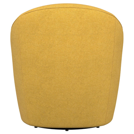Leon Upholstered Barrel Accent Swivel Chair mustard yellow angled view in living room setting