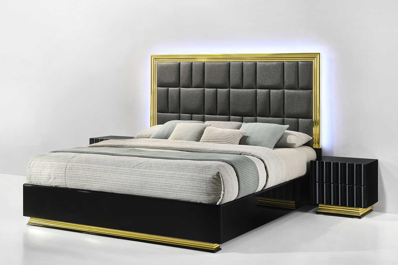bedroom view of Lila Black Gold Upholstered Panel Bedroom Set bed