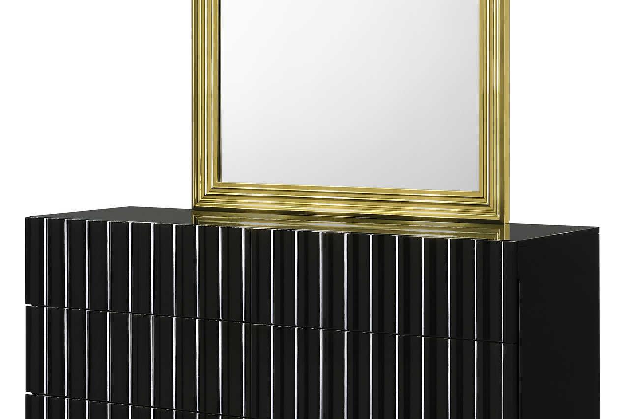 main view of Lila Black Gold Upholstered Panel Bedroom Set bed
