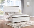 Lilith Queen Panel Bed in distressed grey and white, angled front view