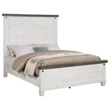 Close-up of distressed grey and white wood finish on Lilith Queen Panel Bed